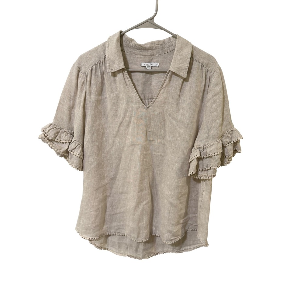 Chicos Size 2/12 100%‎ Linen Ruffle Sleeve Pom Pom Trim Blouse Beige Tan